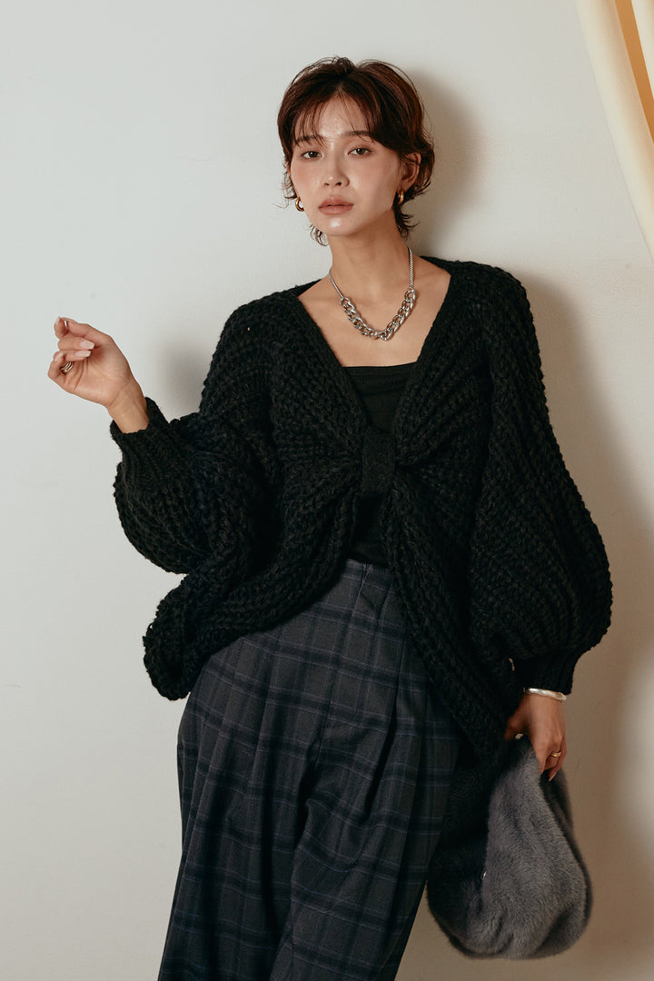 [SET]フロントツイストニット編みトップス+タータンチェック柄くすみワイドパンツ(2set)