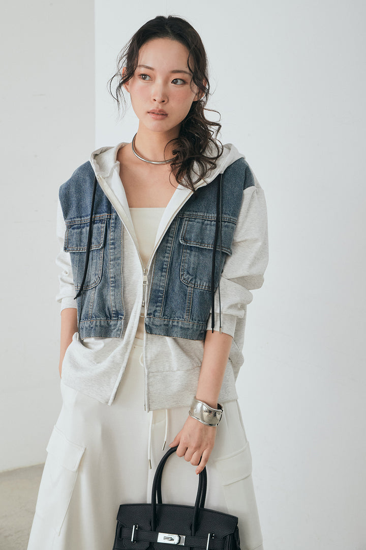 [SET]デニム切替ポンチダブルジップパーカー+リラックススウェットスカート(2set)