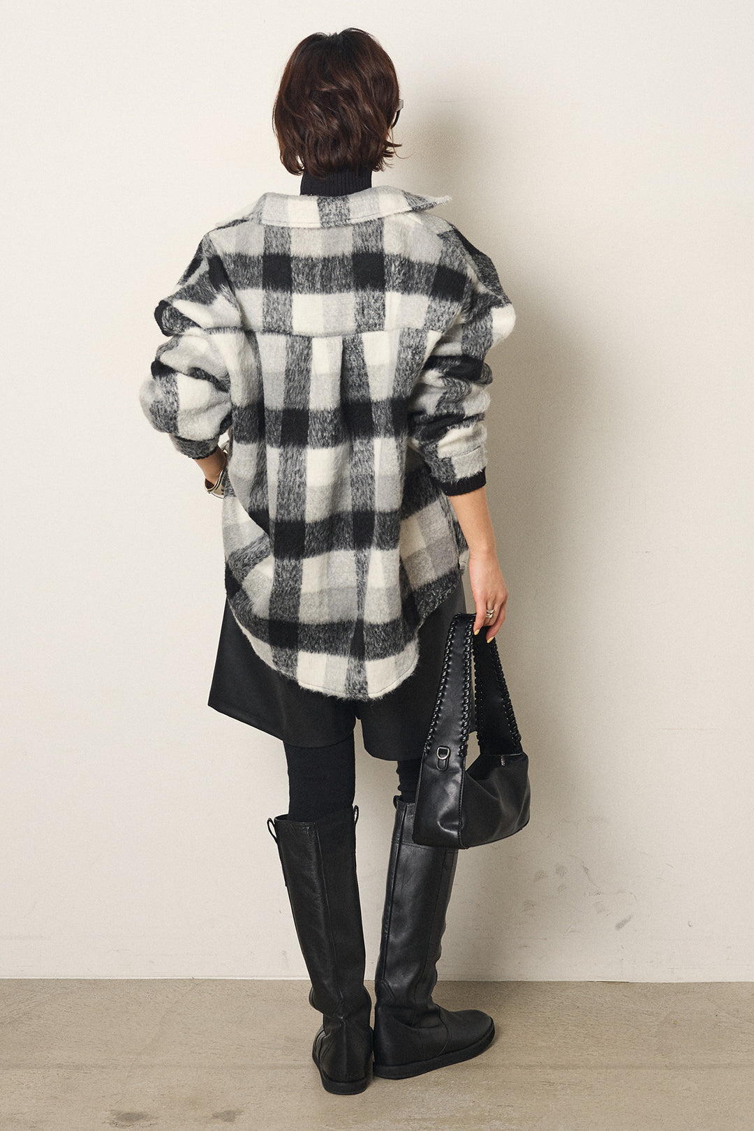 [SET]起毛チェック柄ポケットアウター+ストレッチエコレザーバミューダパンツ(2set)