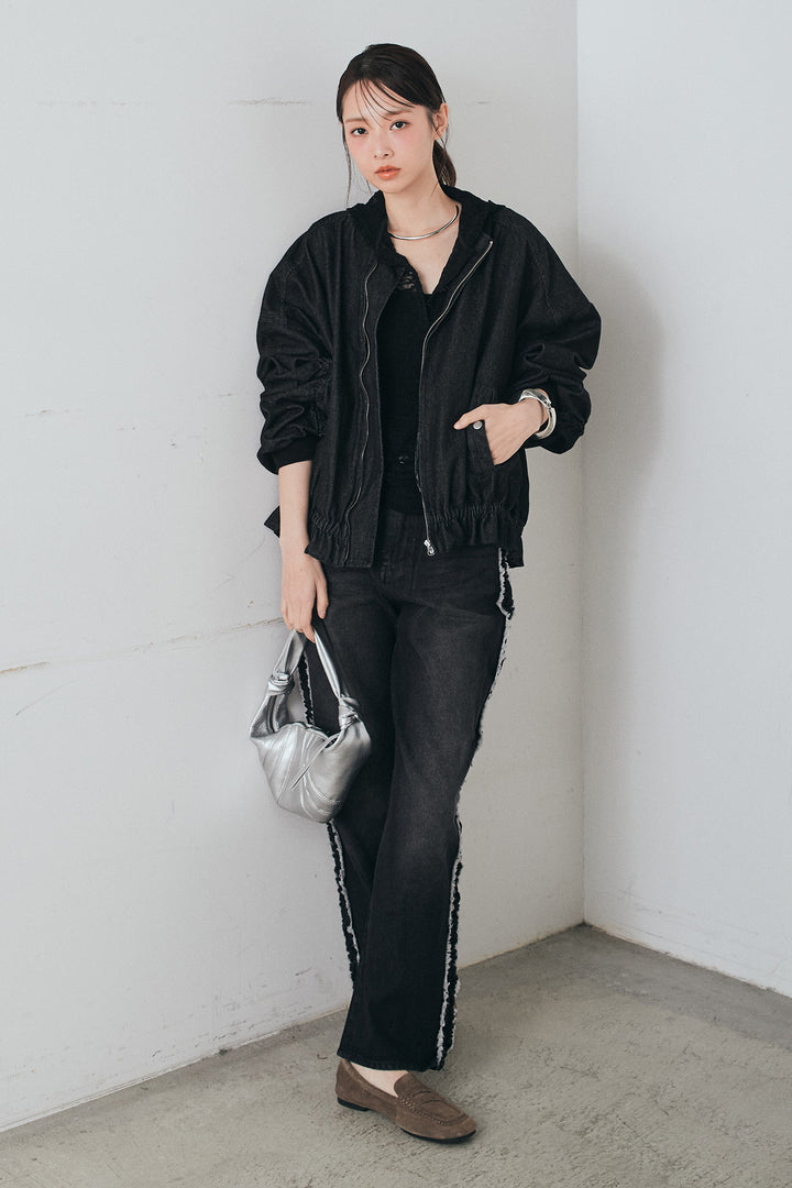 [SET]袖シャーリング裾フリルデニムブルゾン+デニムサイドフリルパンツ(2set)