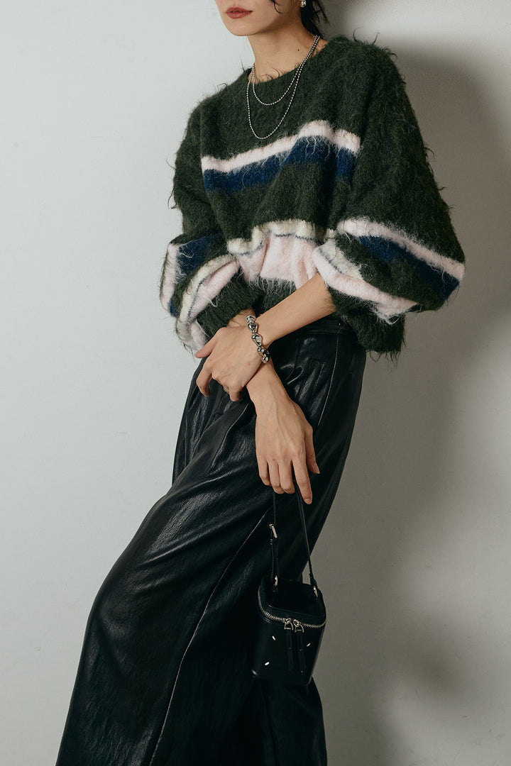 [SET]起毛配色マルチボーダーニットトップス+ベルト付きレザーライクタックパンツ(2set)