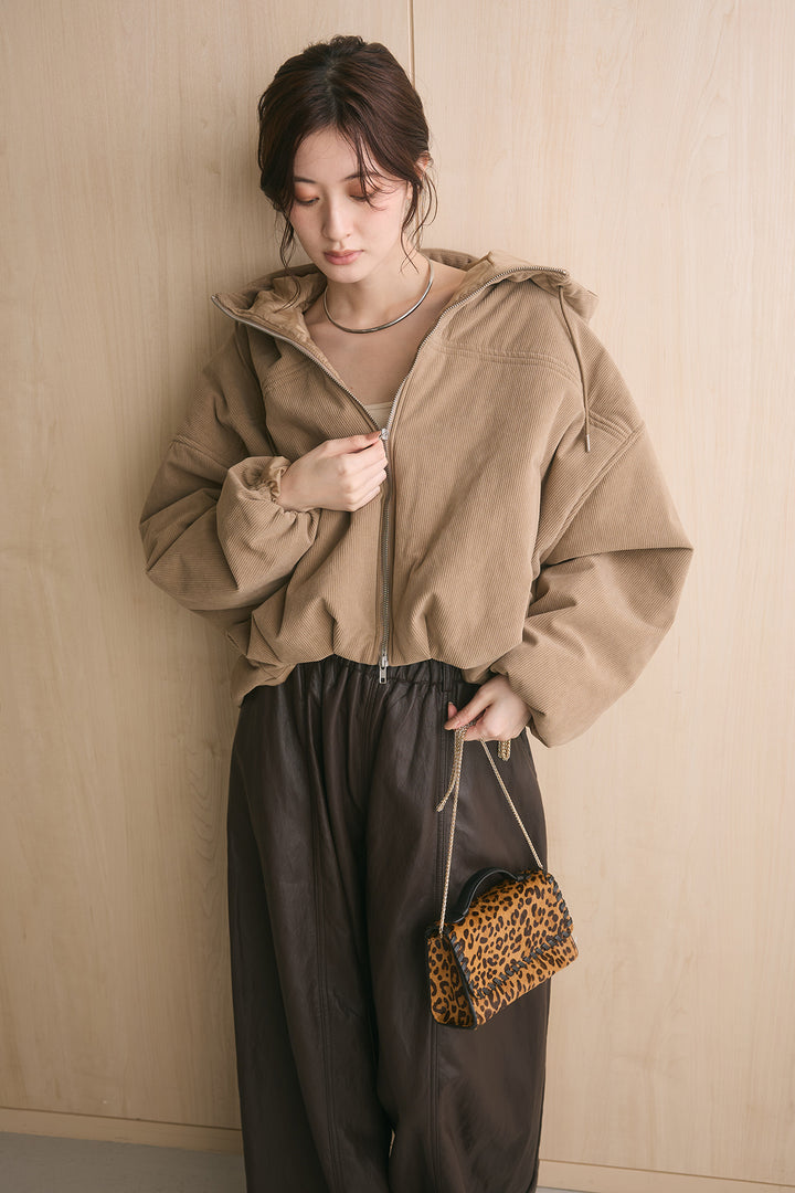 [SET]コーデュロイフーディバルーンブルゾン+フェイクレザーカーブワイドパンツ(2set)