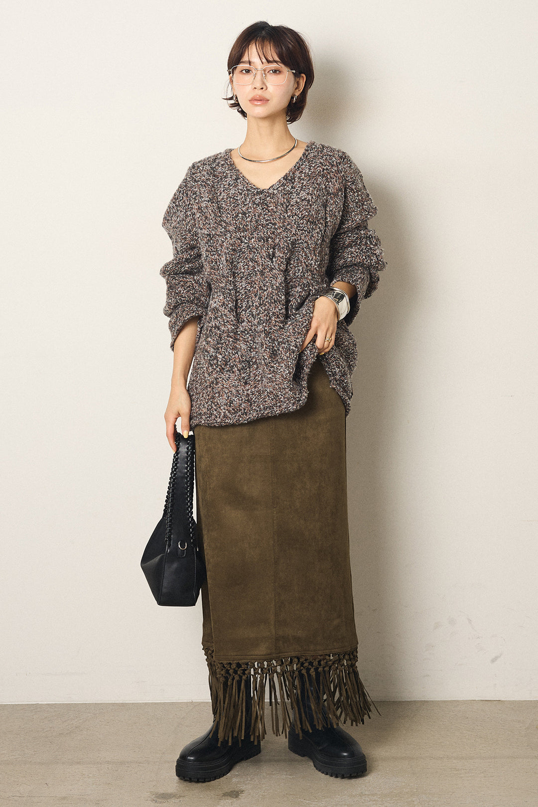 [SET]Vネックミックス編みニットトップス+スウェードライク裾フリンジスカート(2set)