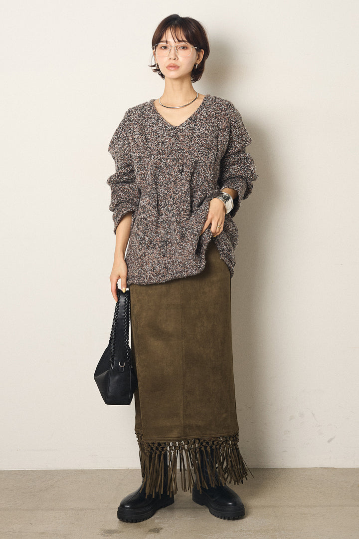 [SET]Vネックミックス編みニットトップス+スウェードライク裾フリンジスカート(2set)