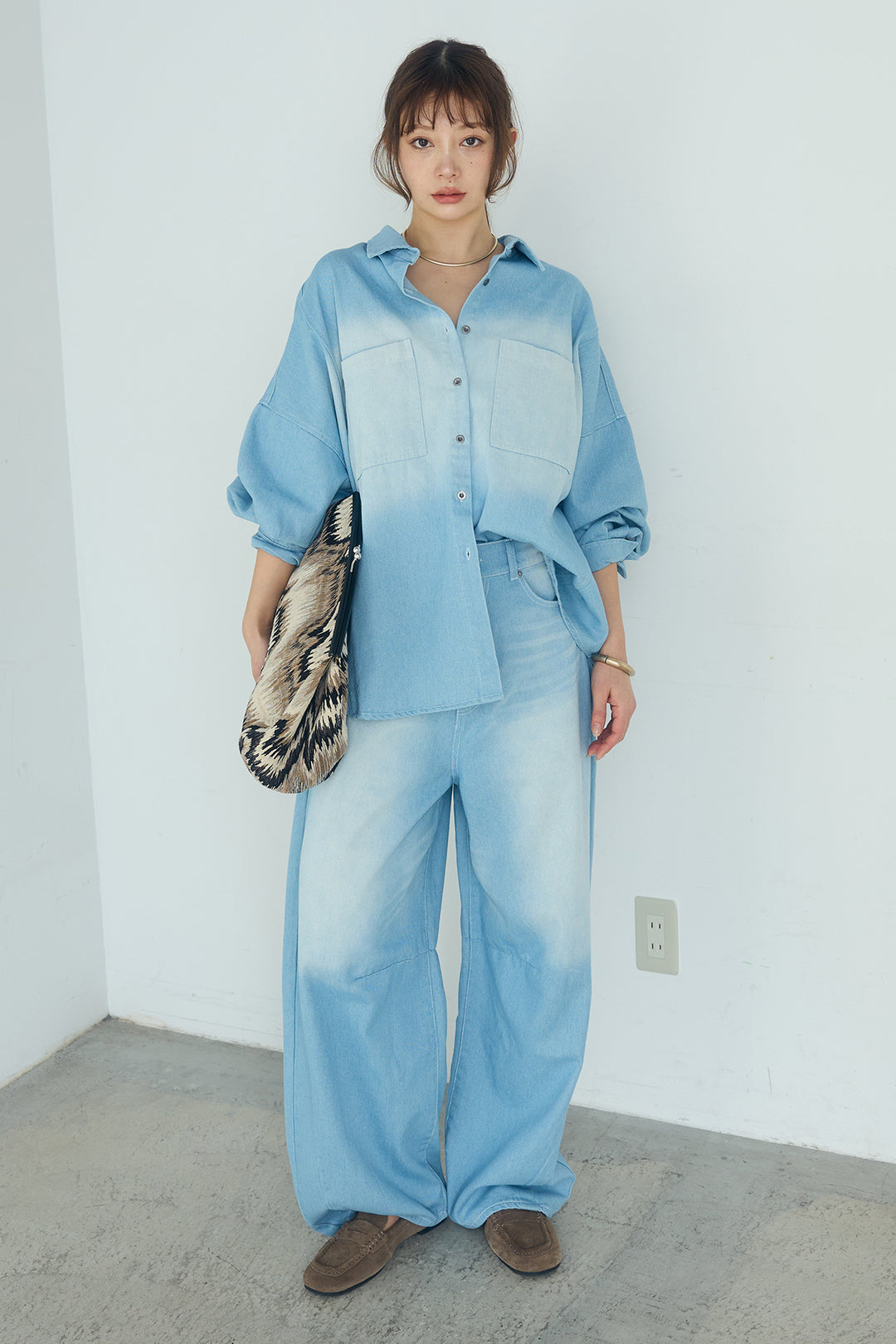 [SET]ヴィンテージ加工デニムオーバーシャツ+ヴィンテージ加工デニムワイドパンツ(2set)