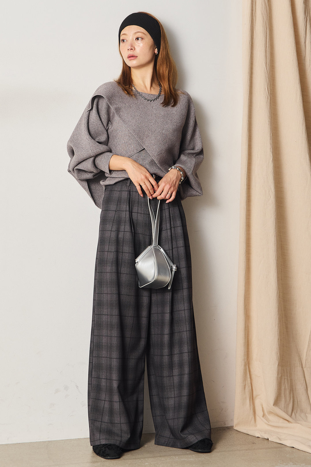 [SET]タンク付きクロスデザインニットプルオーバー+タック入りタータンチェックワイドパンツ(2set)