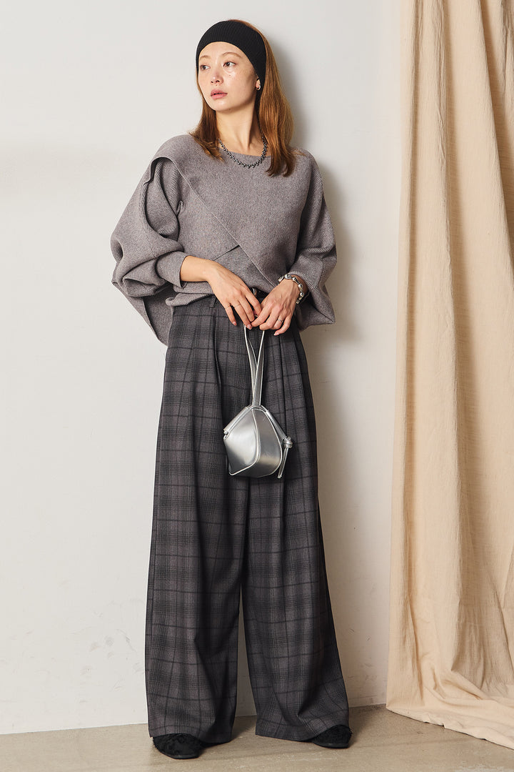 [SET]タンク付きクロスデザインニットプルオーバー+タック入りタータンチェックワイドパンツ(2set)