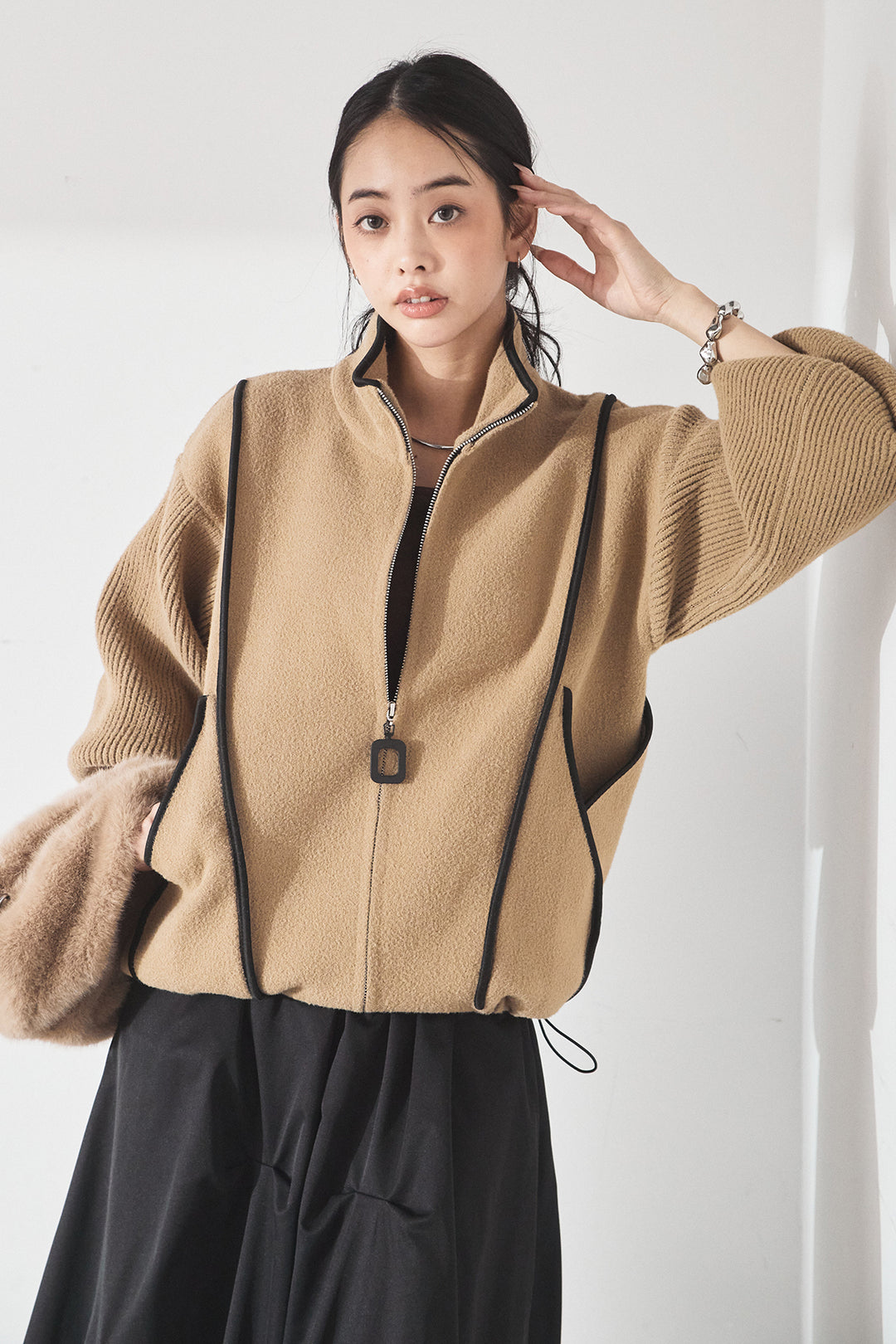 [SET]ハイネックパイピングデザインブルゾン+ランダムタックバルーンスカート(2set)