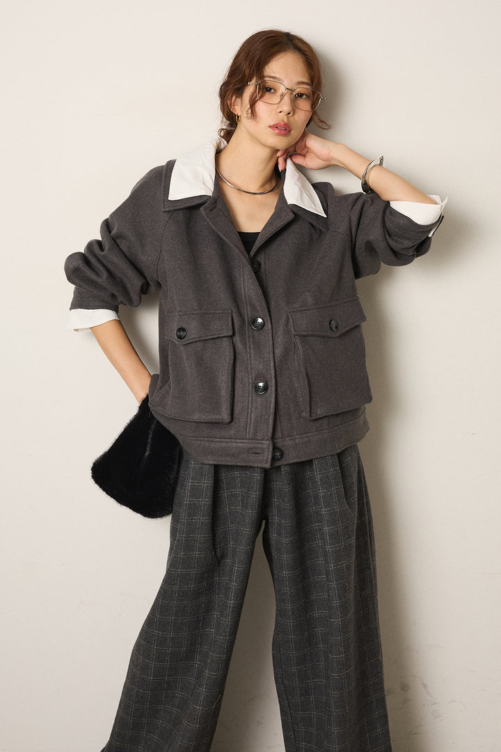 [SET]衿レイヤードフェイクウールジャケット+ウールライクチェックタックパンツ(2set)