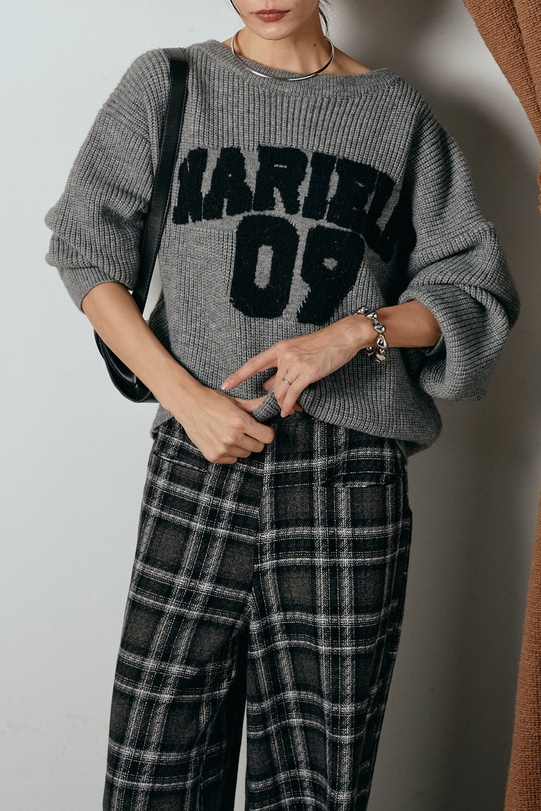 [SET]ロゴジャガードニットトップス+ルーズタータンチェックワイドパンツ(2set)