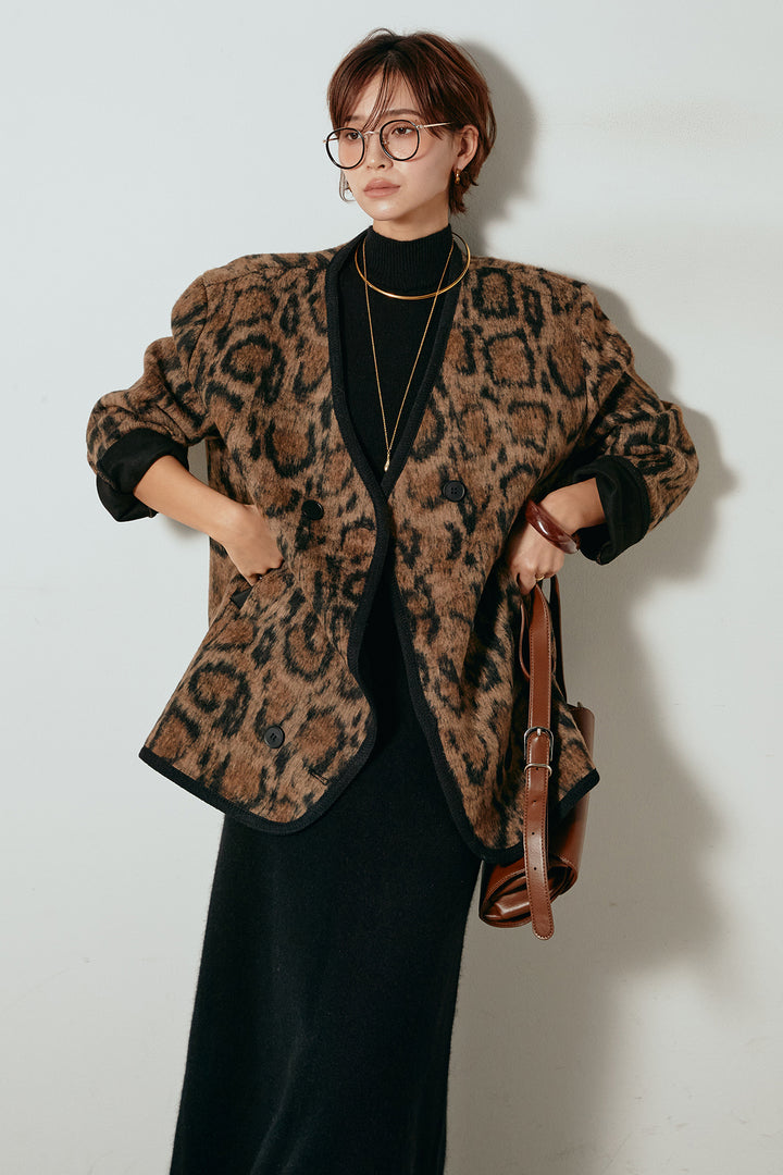 [SET]ノーカラーレオパード柄アウター+ノースリーブニットロングワンピース(2set)