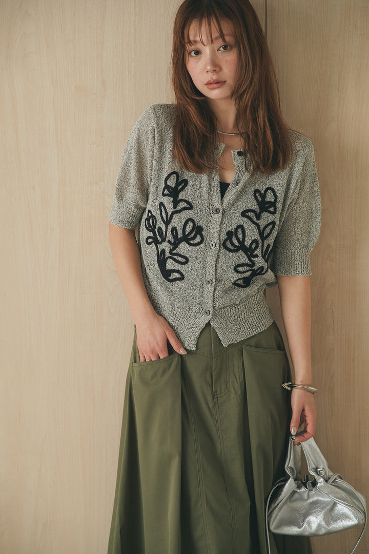 [SET]フロントテープデザイン半袖カーディガン+ミリタリーツイルタックフレアスカート(2set)