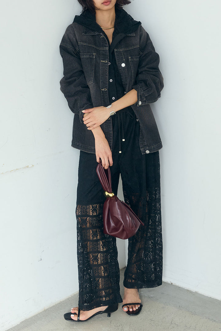 [SET]デニムオーバーサイズジャケット+パッチワークレースイージーパンツ+パッチワークレースショート丈フードシャツ(3set)