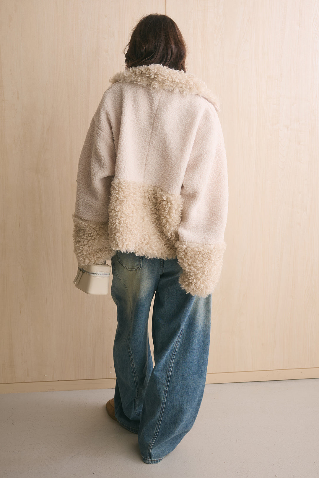 [SET]ボア×プードルファーパッチワークブルゾン+スタッズデザインカーブデニムワイドパンツ(2set)