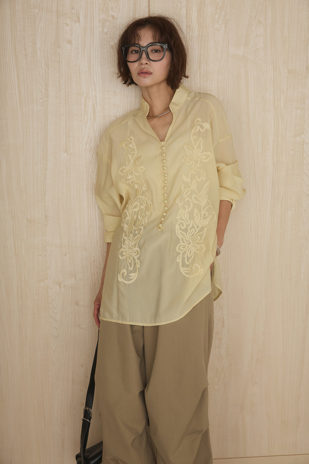 [SET]フロントボタンニュアンス柄ブラウス+ニーサイドタックウエストドロストパンツ(2set)