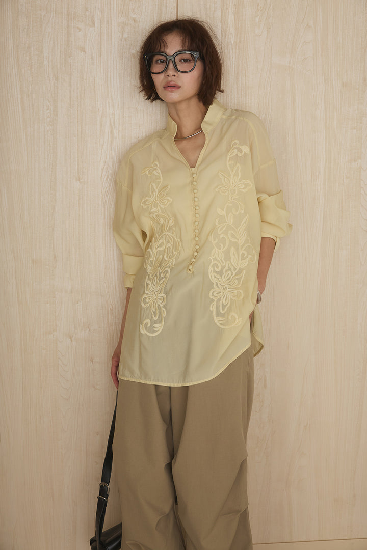 [SET]フロントボタンニュアンス柄ブラウス+ニーサイドタックウエストドロストパンツ(2set)