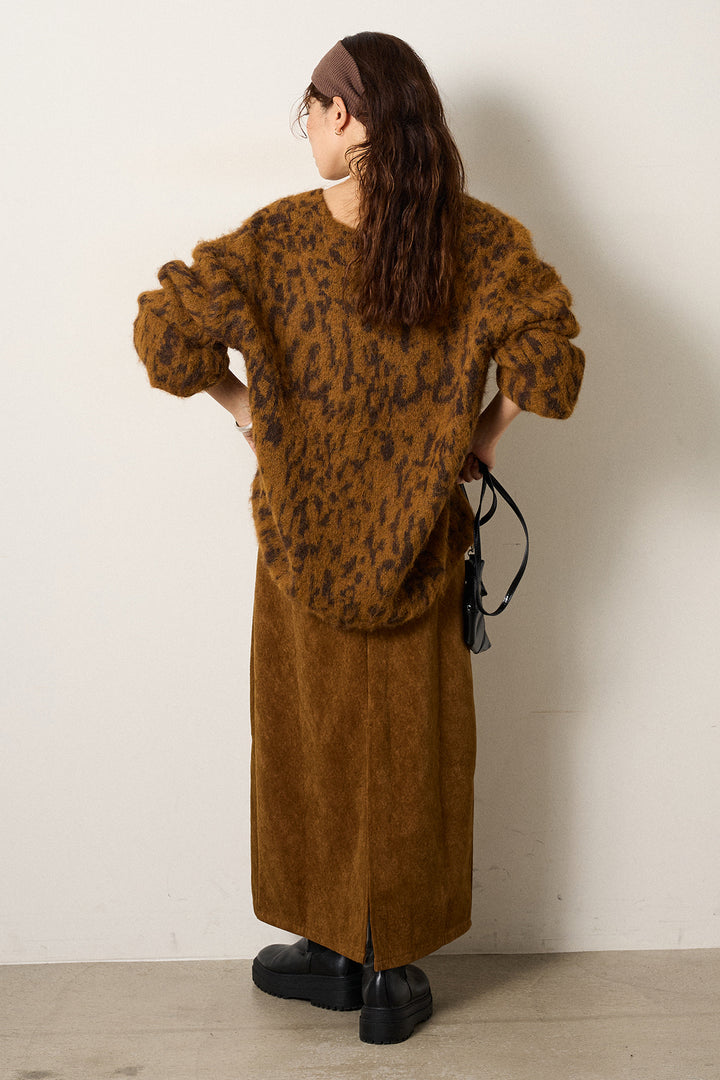 [SET]フラッフィーレオパードシャギーニット+ロープベルト付きスウェード調スカート(2set)