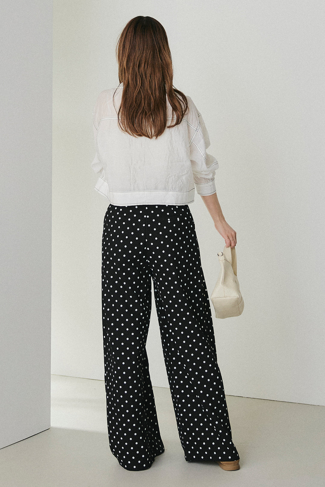 [SET]配色ステッチシアーシャツ+ベルト付きドット柄ワイドパンツ(2set)