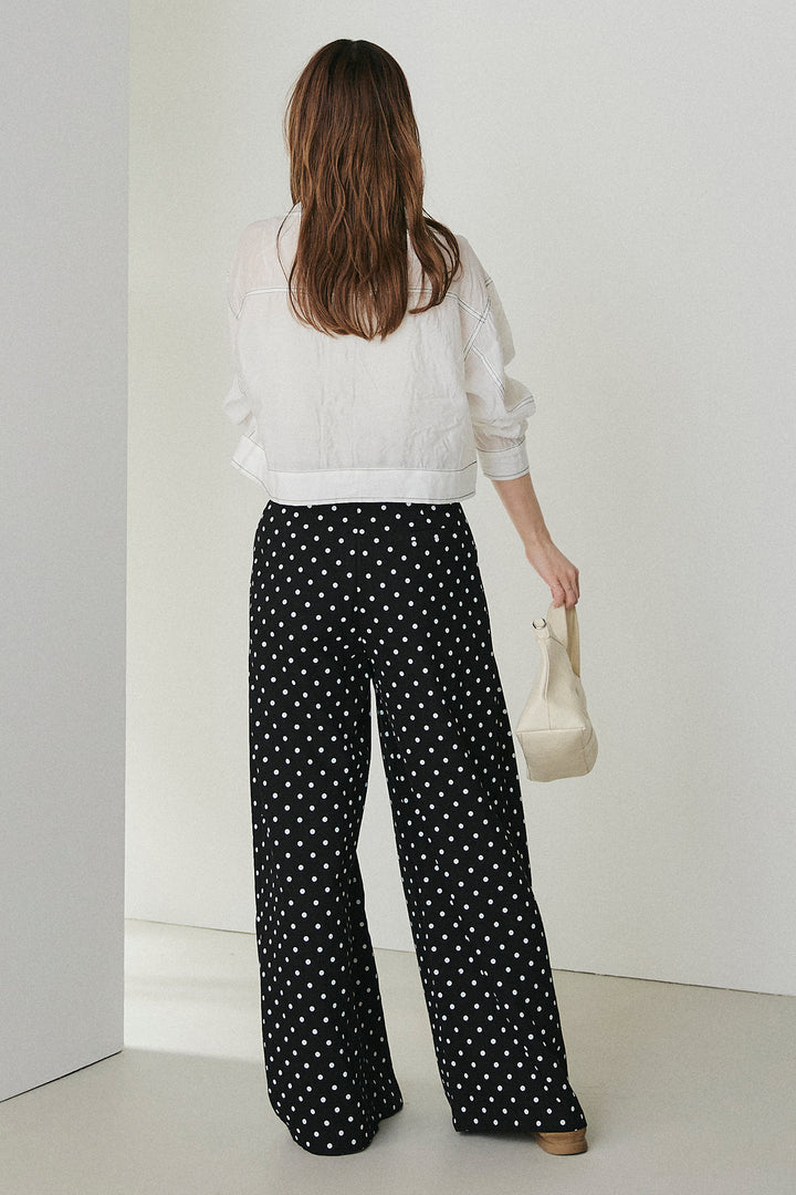 [SET]配色ステッチシアーシャツ+ベルト付きドット柄ワイドパンツ(2set)