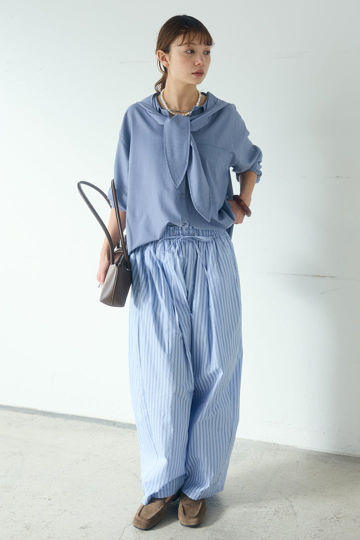 [SET]無地タイ付フーディーBIGシャツ+ランダムストライプタックギャザーパンツ(2set)