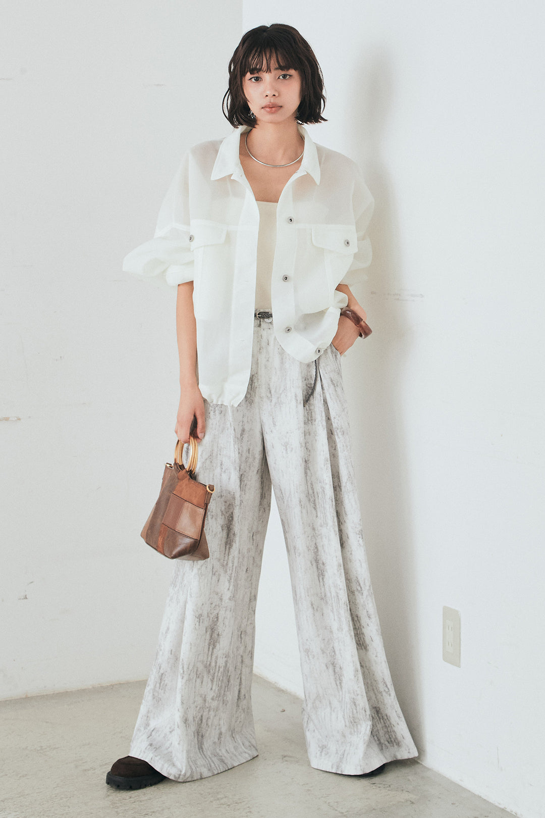 [SET]シアーダンボールサイドドロストジャケット+紐ベルト付きかすれ柄ワイドスラックス(2set)