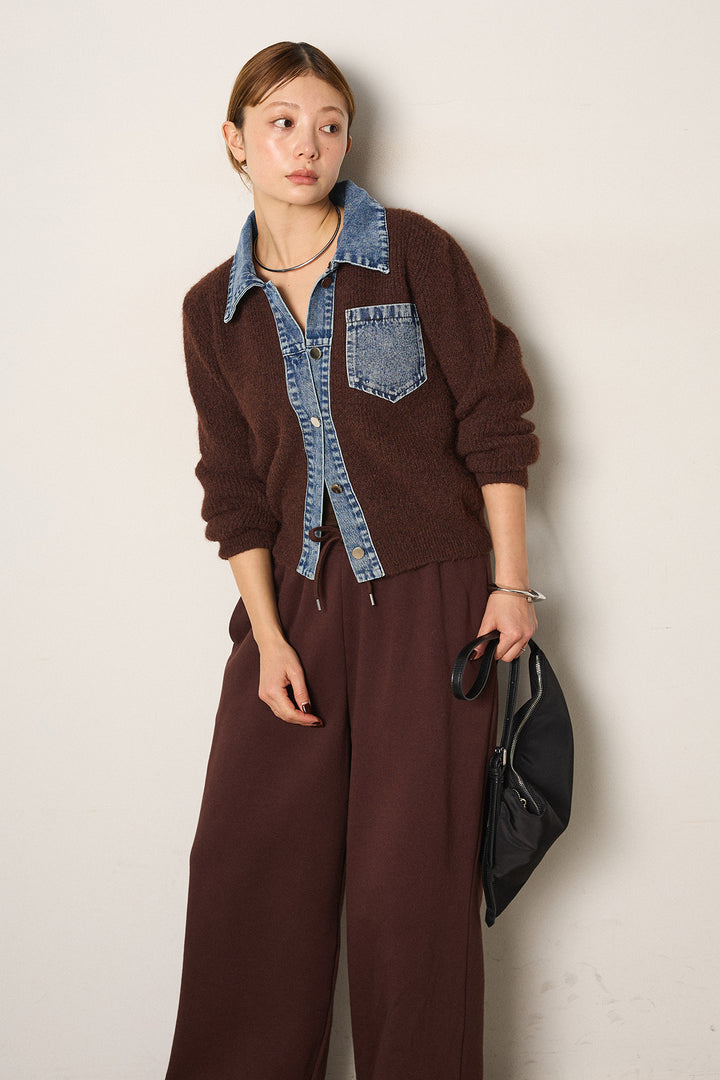 [SET]襟付きデニム切替ニットカーディガン+裏起毛スウェットワイドパンツ(2set)