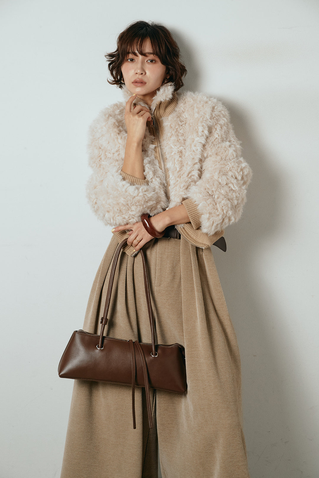 [SET]ハイネックショート丈ボアジップブルゾン+ベルトループコーデュロイワイドパンツ(2set)