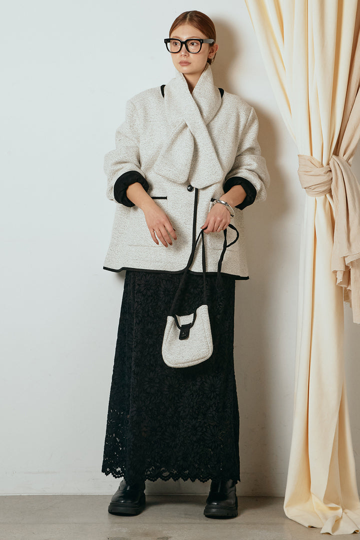 [SET]ノーカラーマフラーバッグ付きアウター+花柄刺繍ベロアフレアスカート(2set)