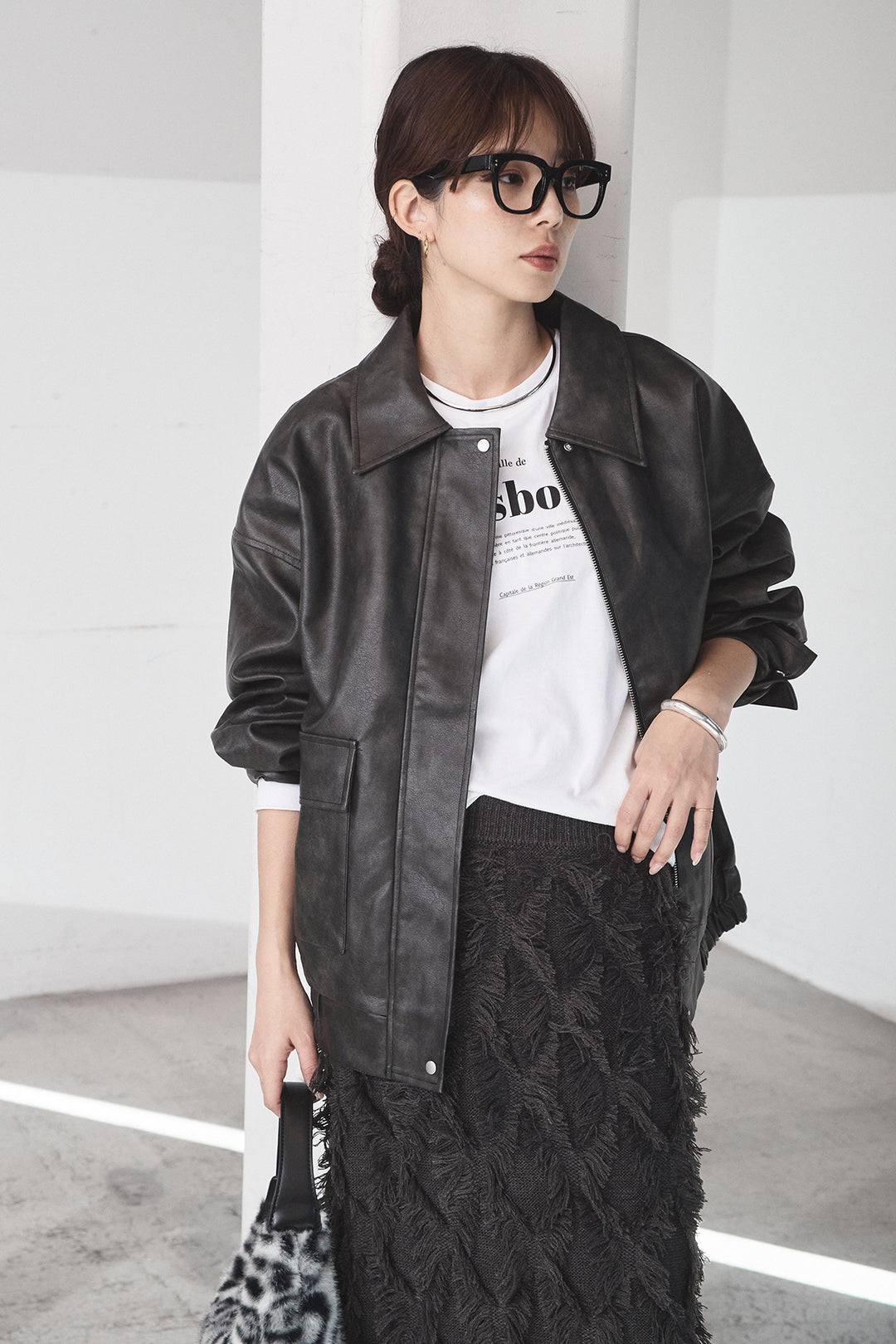 [SET]レザーライクオーバーサイズブルゾン+カットフリンジニットタイトスカート(2set)