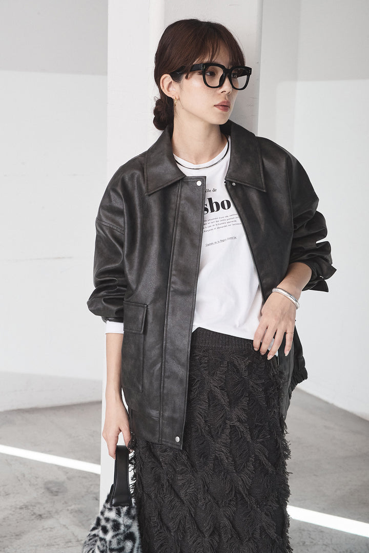 [SET]レザーライクオーバーサイズブルゾン+カットフリンジニットタイトスカート(2set)