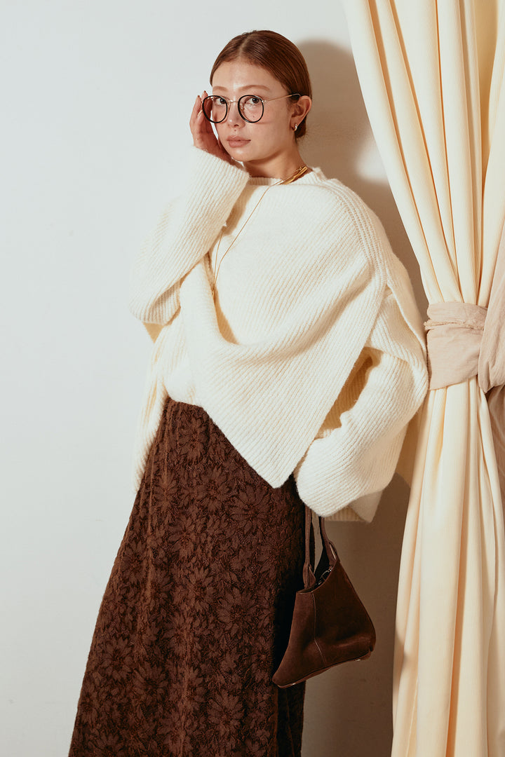 [SET]ケープデザインリブニットトップス+花柄刺繍ベロアフレアスカート(2set)