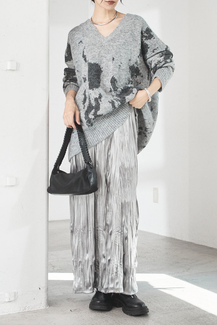 [SET]アブストラクト柄ニットプルオーバー+ベロアロングプリーツスカート(2set)