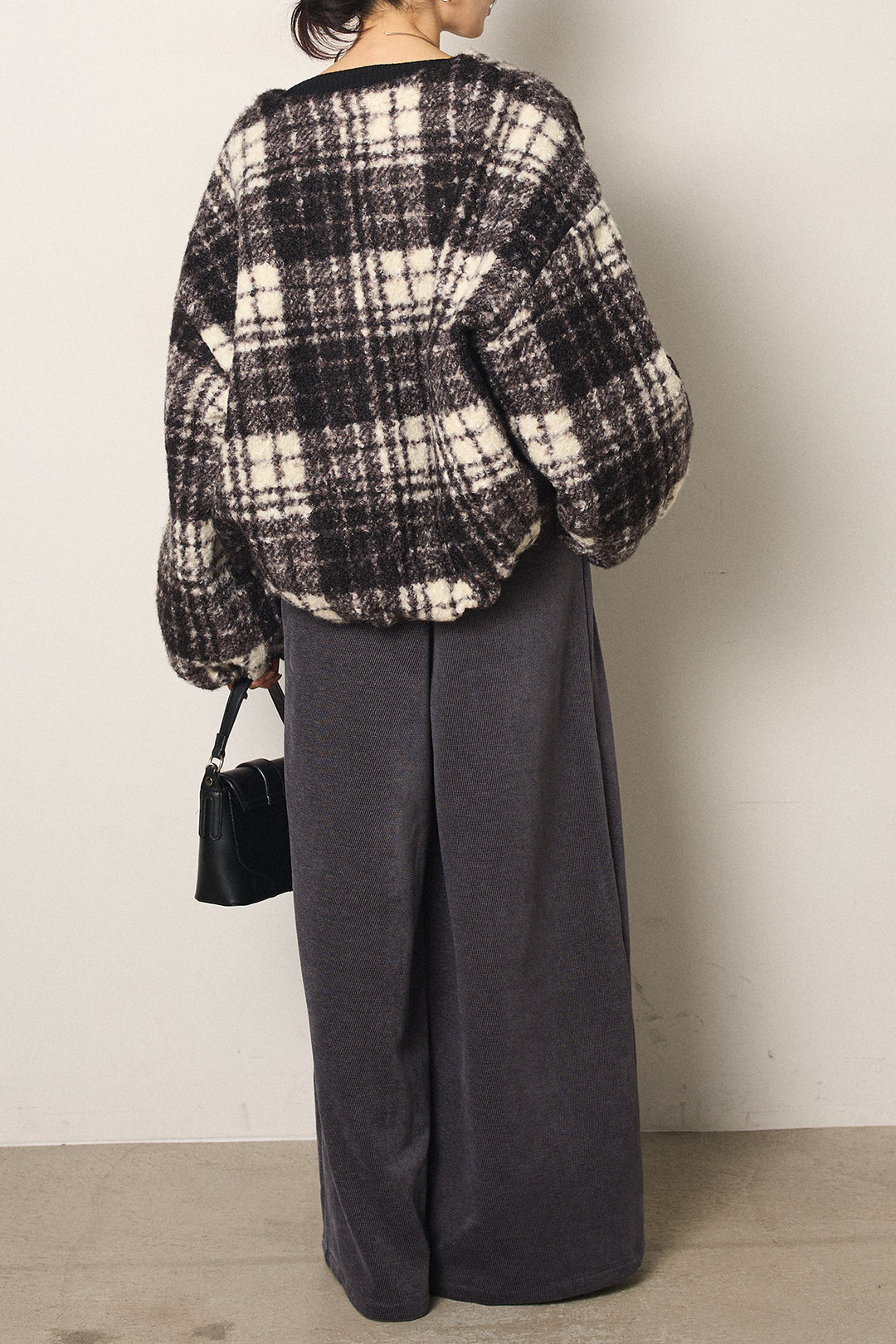 [SET]ノーカラーチェック柄ボアブルゾン+ベルトループコーデュロイワイドパンツ(2set)