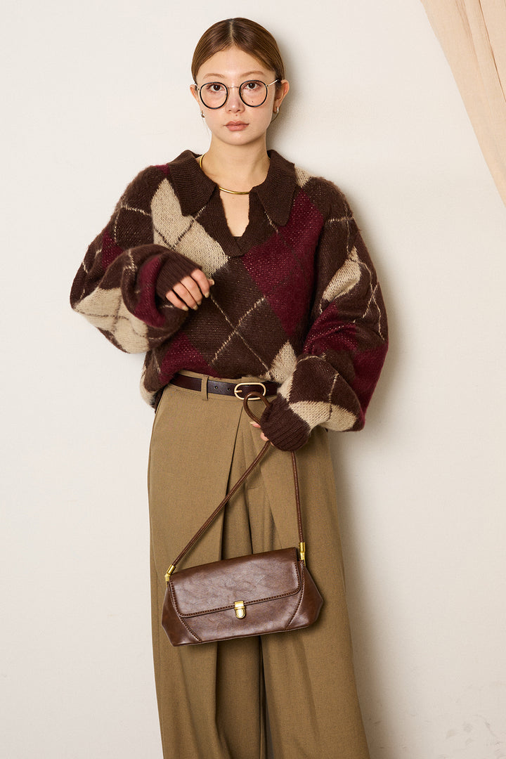 [SET]アクリルモヘアアーガイルキーネックプルオーバー+フロントワイドタックネップ入ワイドパンツ(2set)