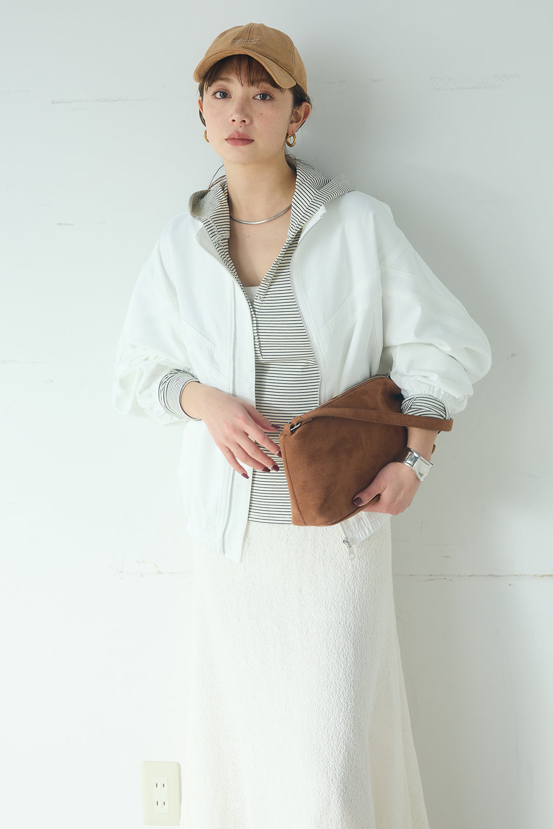 [SET]マルチ切り替えドルマンブルゾン+メッシュ刺繍ロングスカート+ボーダーフーディーロンT(3set)