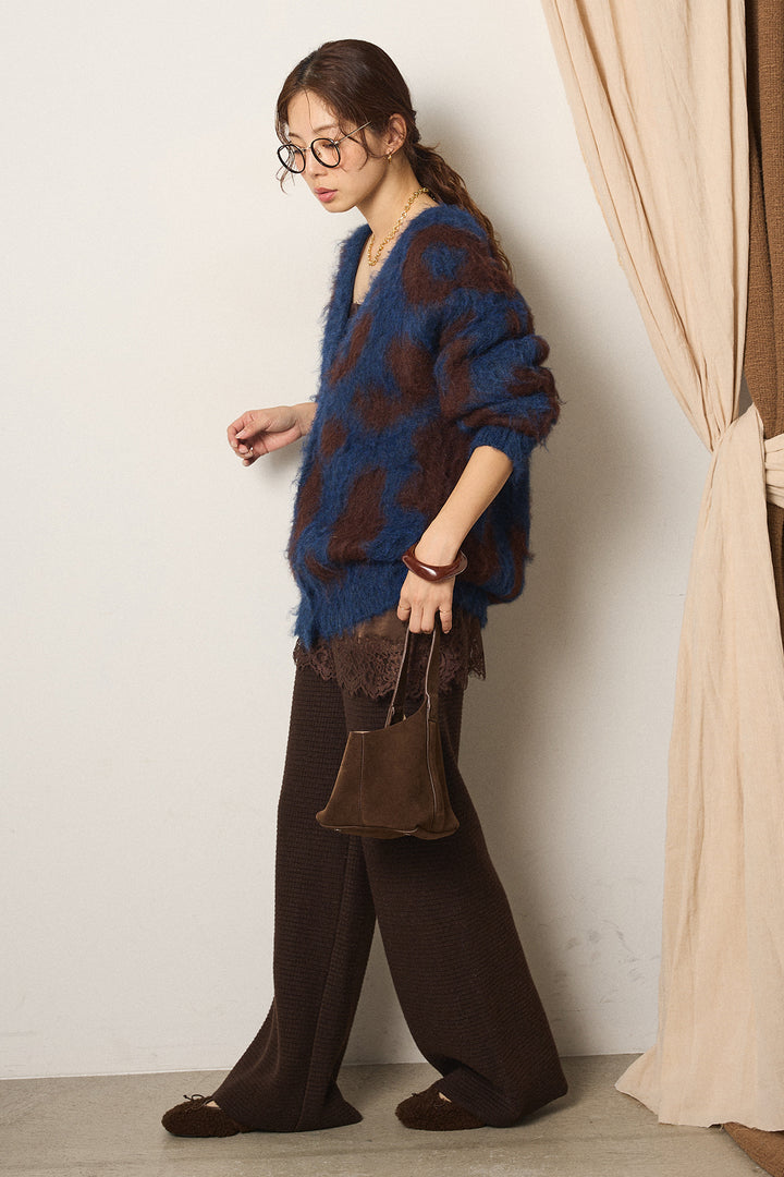 [SET]レオパードシャギータッチカーディガン+ワイドリブニットイージーパンツ(2set)