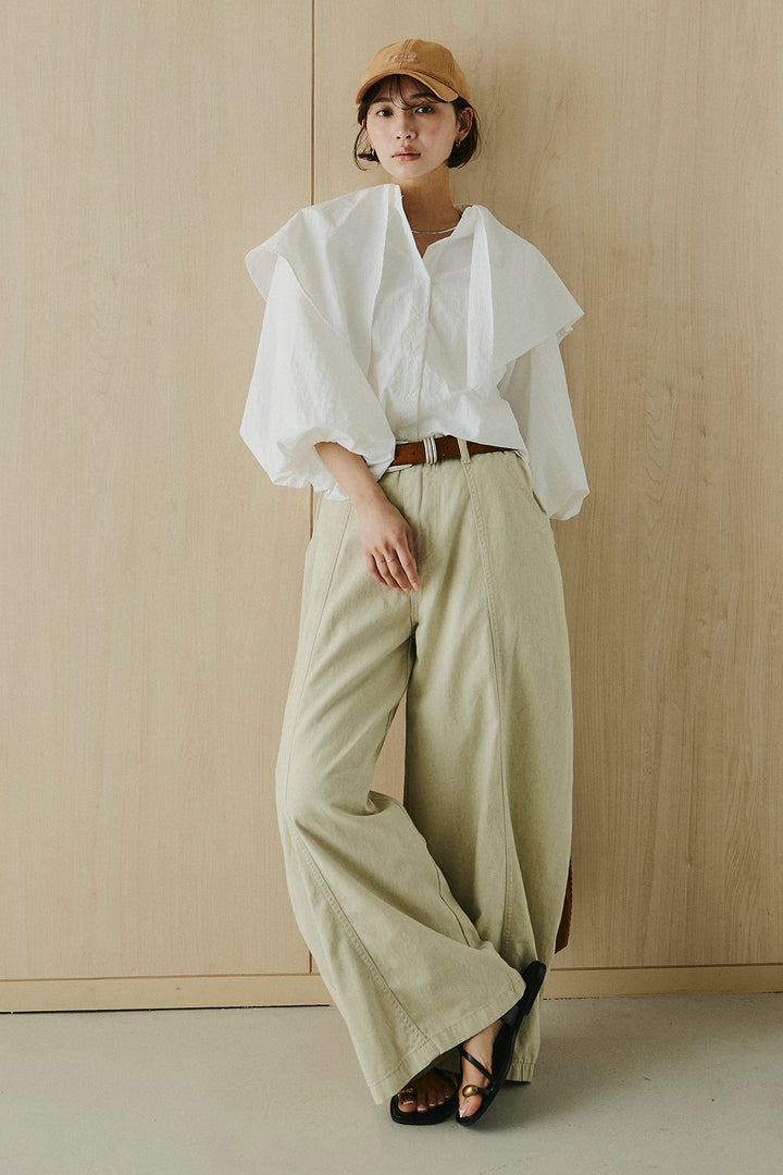 [SET]ケープカラーナイロンブラウス+サイドベルトカーブワイドパンツ(2set)