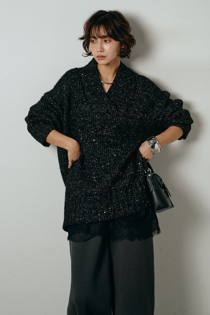 [SET]Vネックラメニットトップス+裏起毛スウェットワイドパンツ+レース切り替えキャミソール(3set)