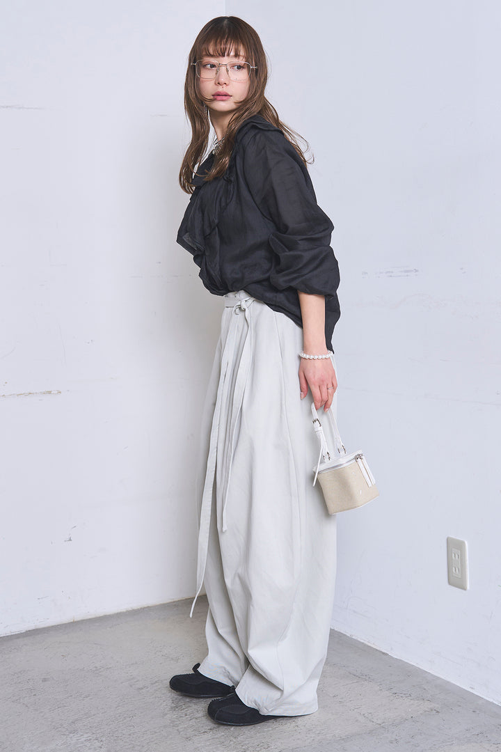 [SET]フリルボタンブラウス+紐ベルト付きカーブワイドパンツ(2set)