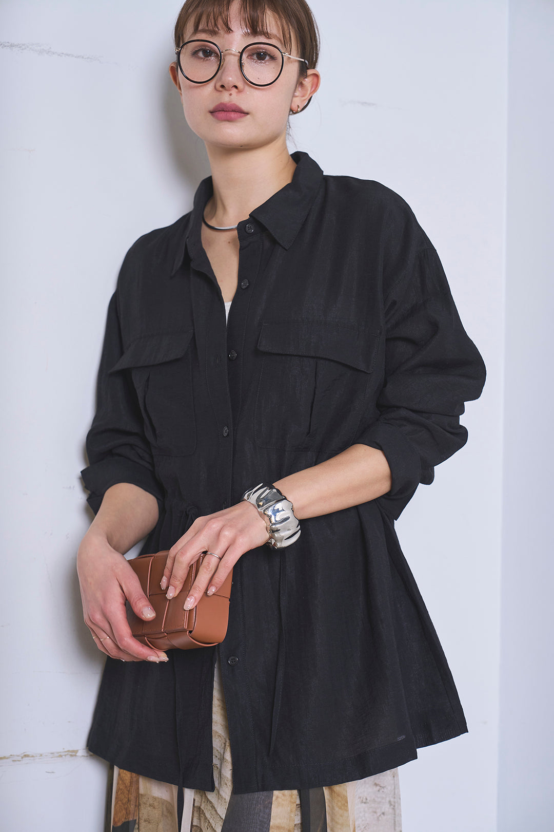 [SET]リネンブレンドシアーサファリシャツ+アートペイント柄スカート(2set)