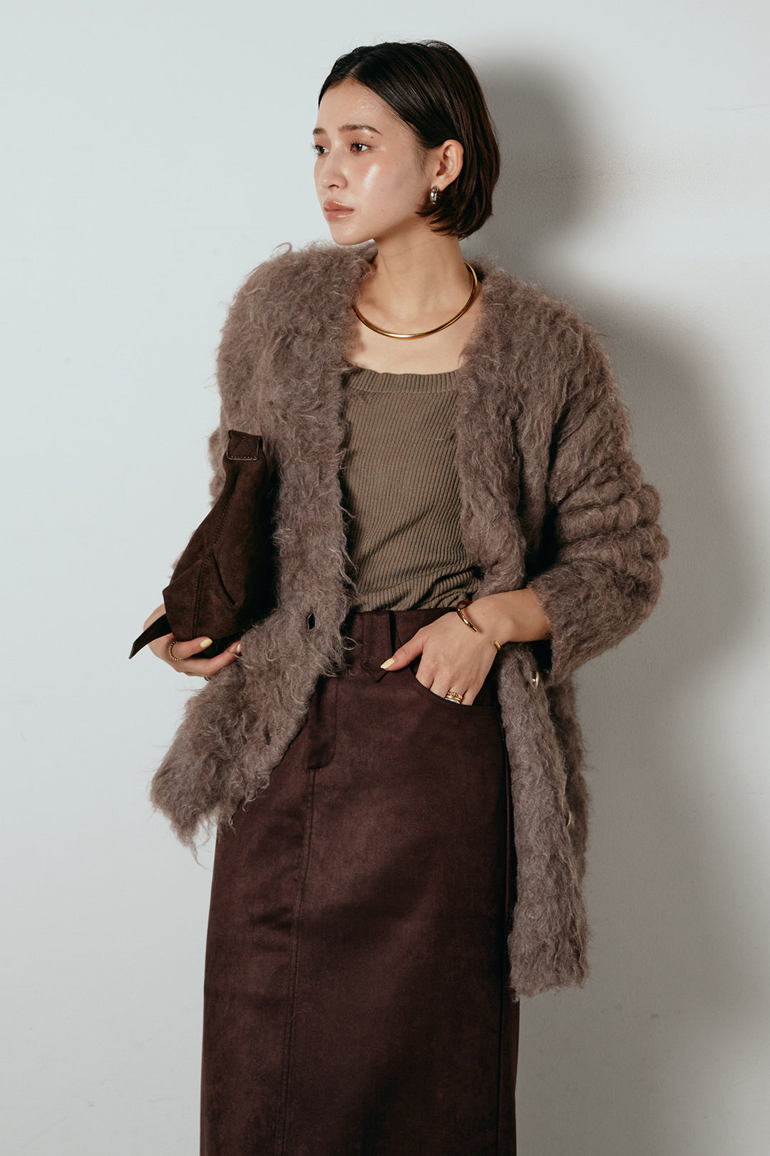 [SET]ウェーブシャギーニットジャケット+スウェードライク裾フリンジスカート(2set)