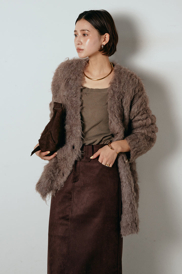 [SET]ウェーブシャギーニットジャケット+スウェードライク裾フリンジスカート(2set)