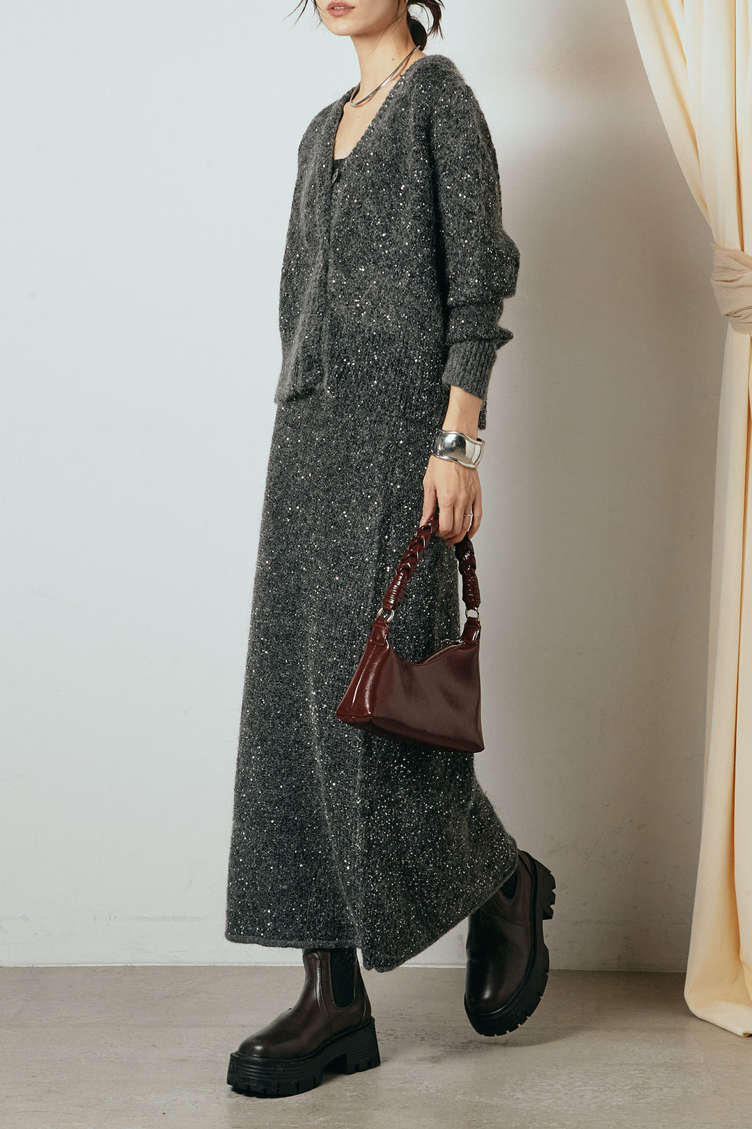 [SET]ミニラメニットカーディガン+ミニラメニットスカート(2set)