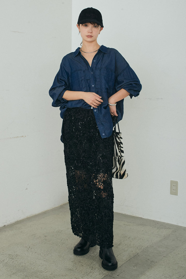 [SET]テンセルデニムシャツ+ラメ刺繍デザインスカート(2set)