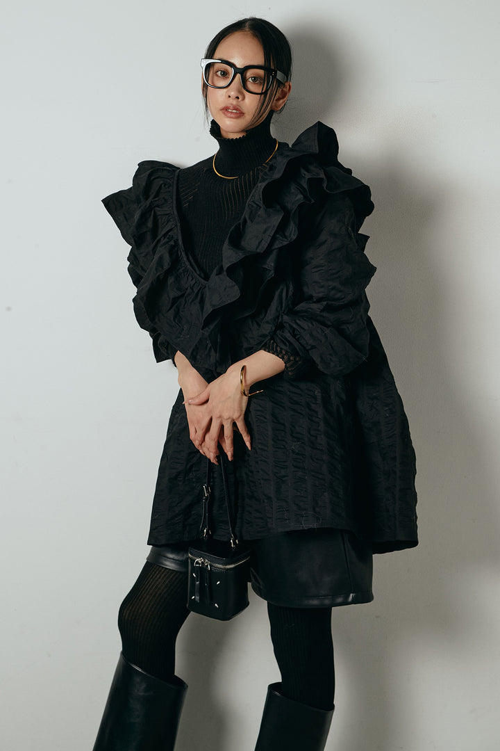 [SET]Vネックフリルカラーブラウス+リブニットシームレスタートルプルオーバー(2set)