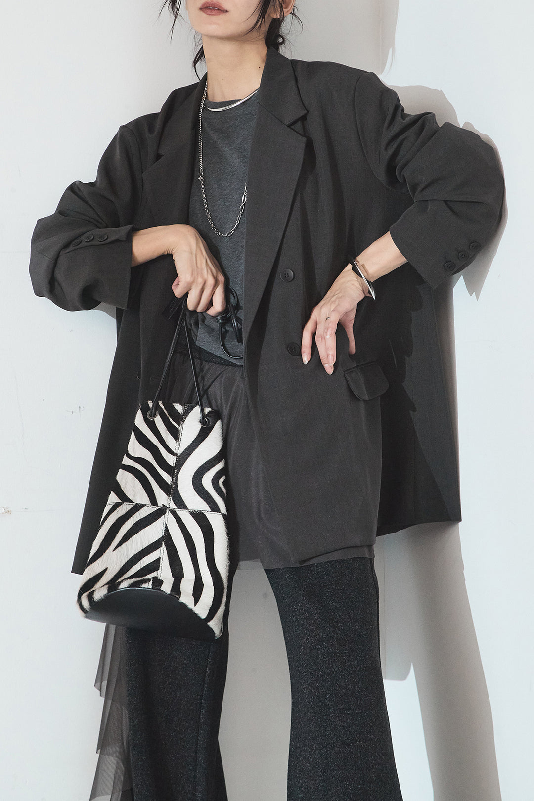 [SET]ルーズシルエットダブルテーラードジャケット+チュールレイヤードニットパンツ(2set)