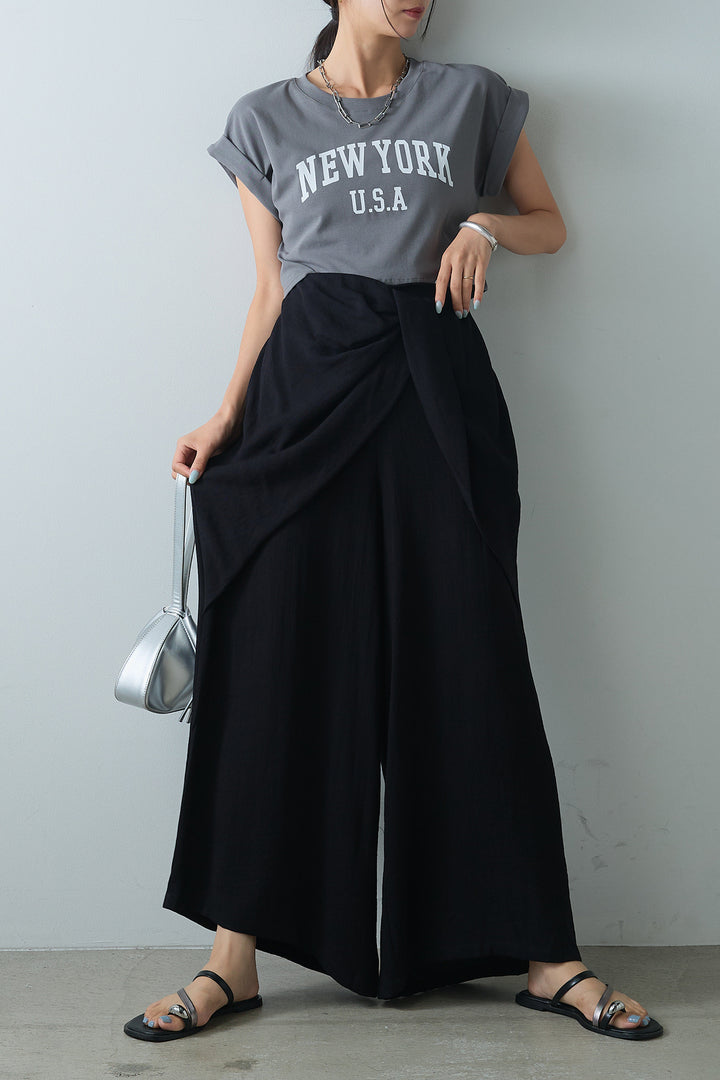 [SET]ショート丈NEWYORKロゴTシャツ+ねじりデザインワイドパンツ(2set)