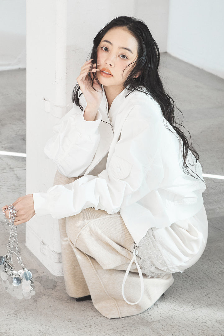 [SET]袖ギャザーデザインブルゾン+センターラインニットパンツ(2set)