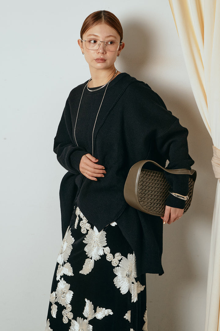 [SET]アシンメトリーデザインニットトップス+フラワー刺繍ワイドスカート(2set)
