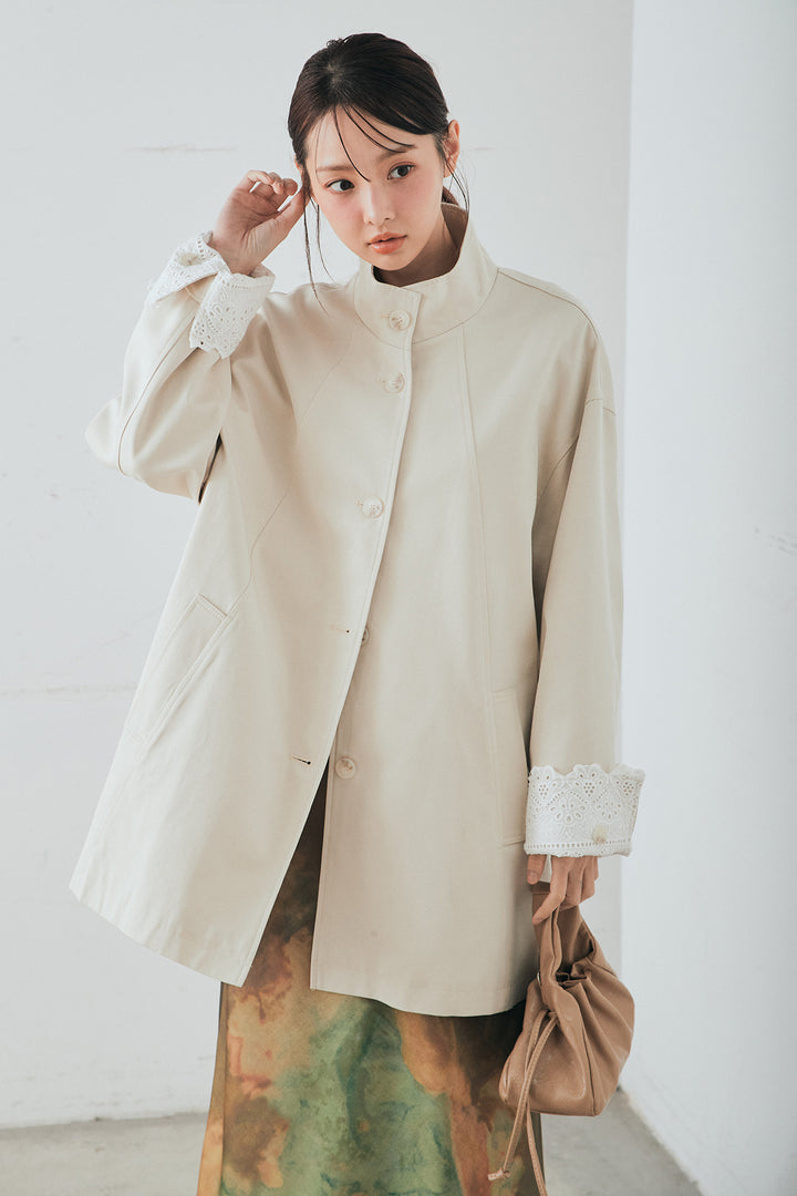 [SET]袖折り返しレースデザインアウター+ニュアンス柄サテンスカート(2set)